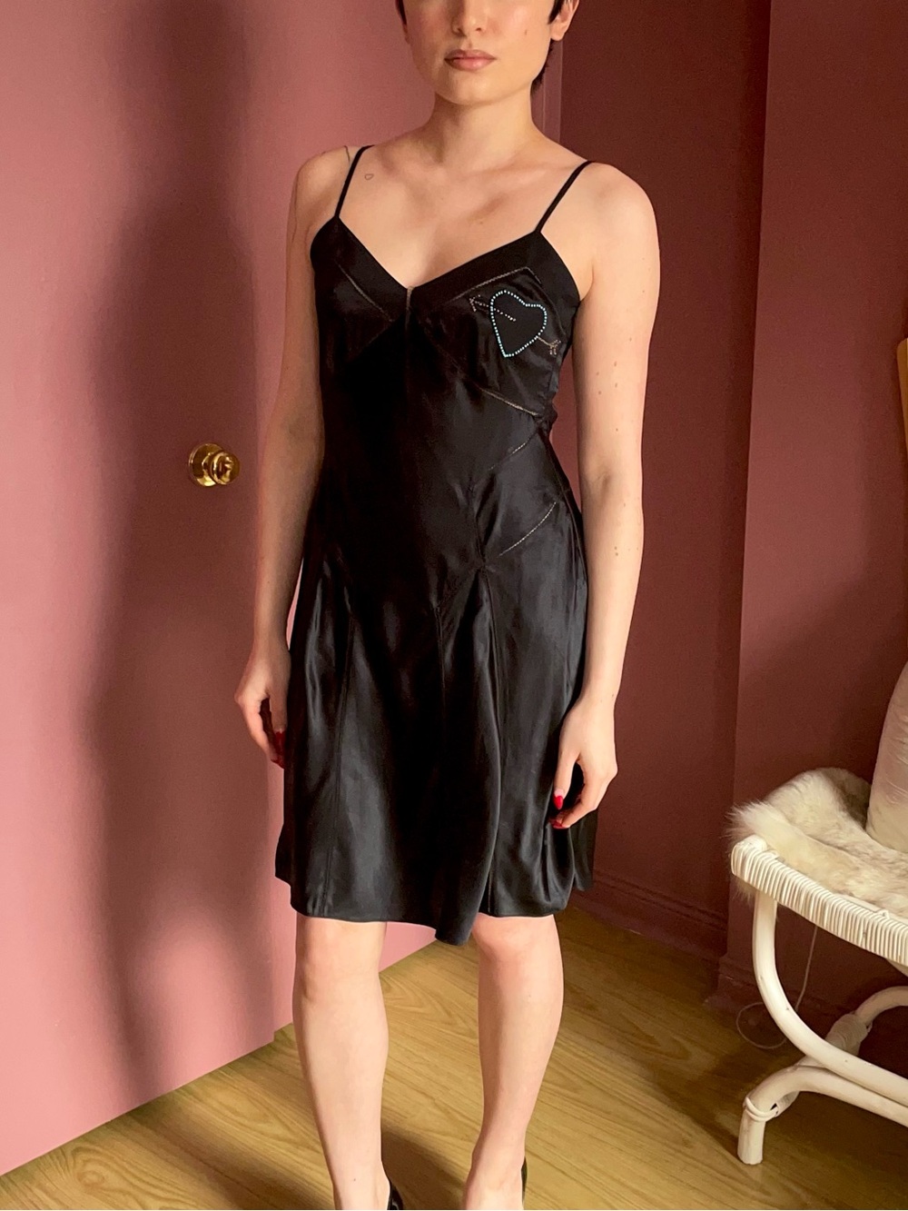 Marc Jacobs Black Satin Slip Dress with Heart Stitching